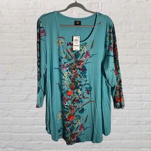 NWT JM Collection Blue Floral Stretchy Top 3/4 Sleeve Plus Sz 2X Colorful NEW